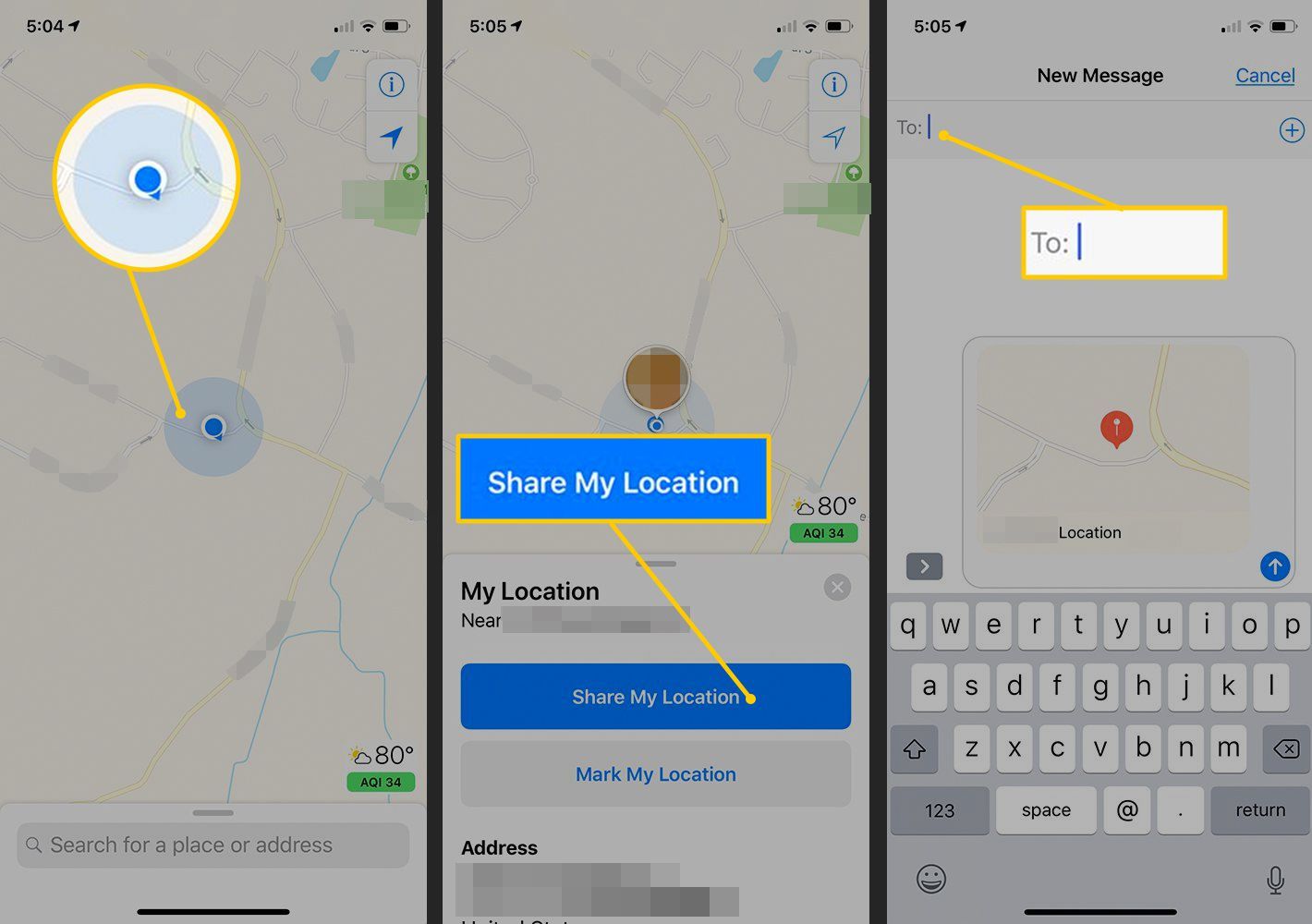 Маркер карты, поле «Поделиться моим местоположением» и «Кому» в приложении сообщений на iOS