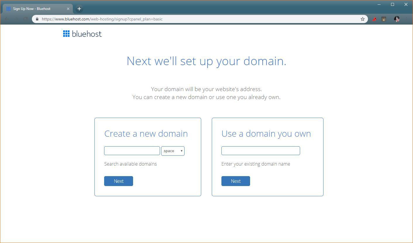Скриншот процесса выбора бесплатного доменного имени на Bluehost.