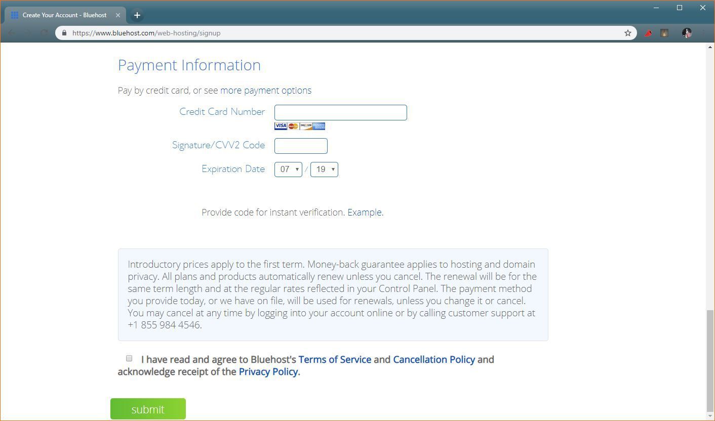 Скриншот страницы оплаты Bluehost.
