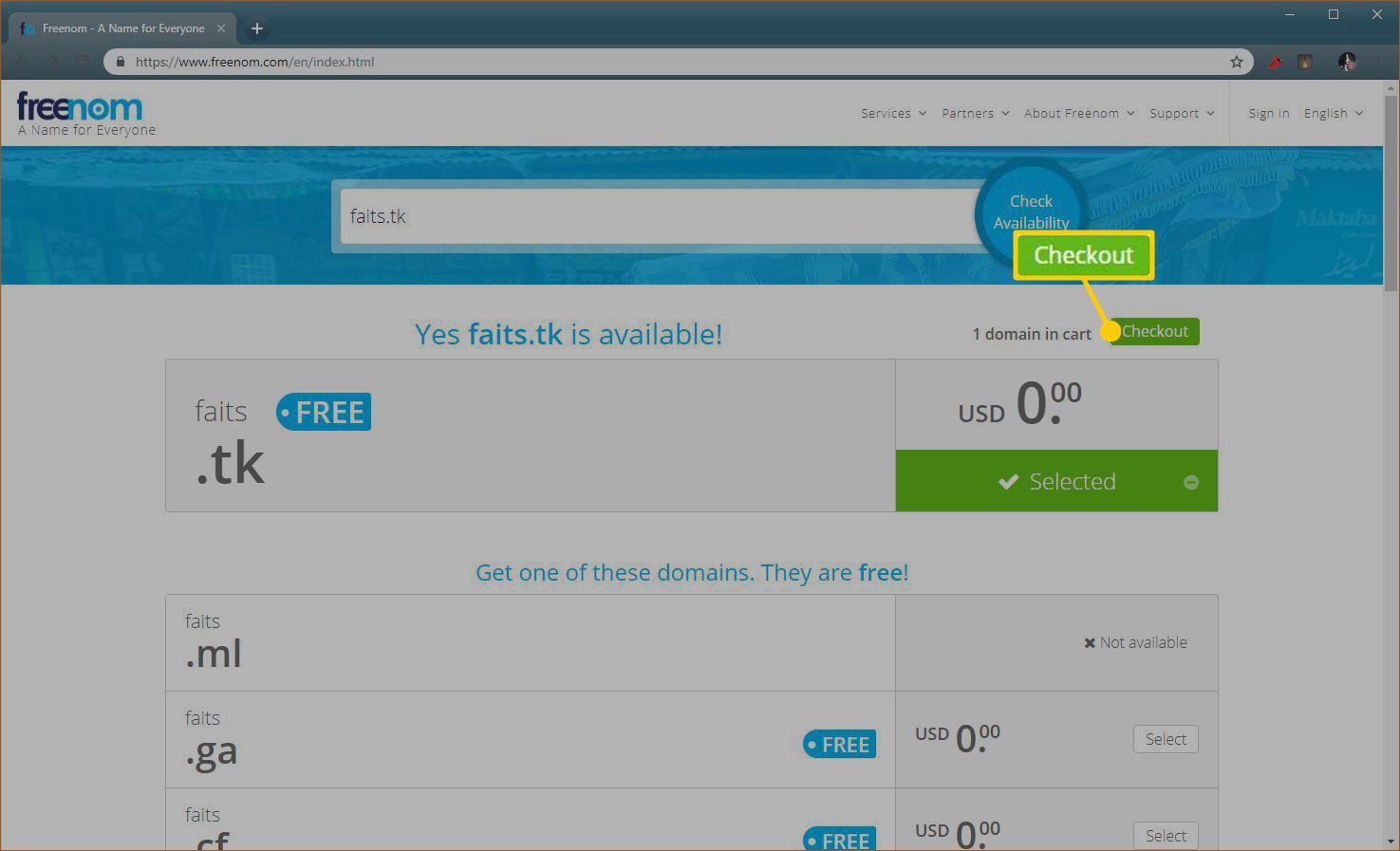 Скриншот процесса регистрации домена Freenom.