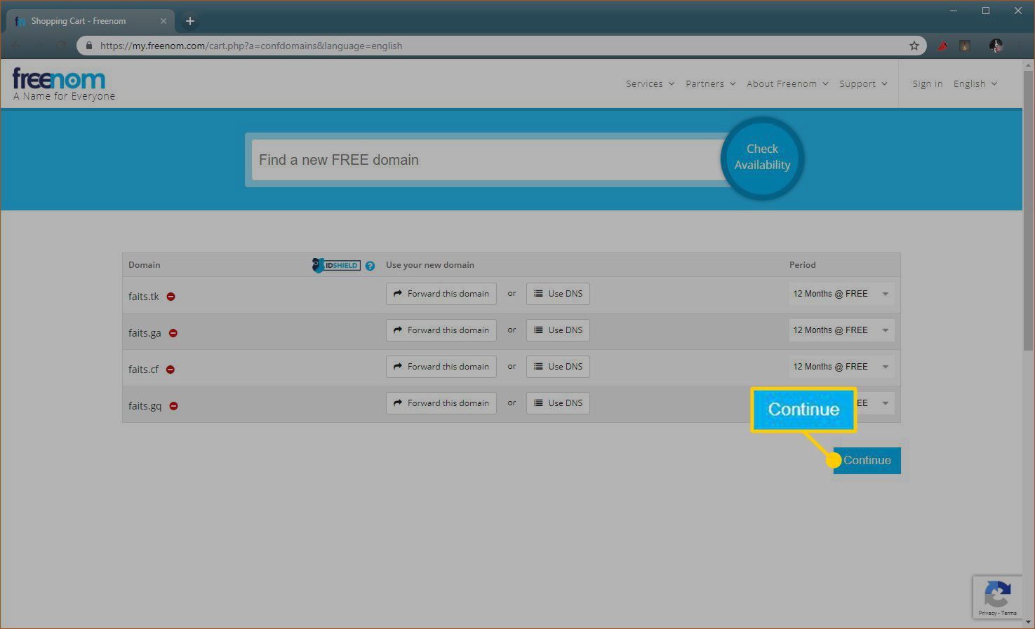 Скриншот процесса регистрации домена Freenom.