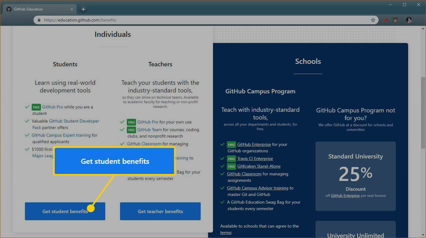 Скриншот страницы регистрации льгот для студентов GitHub.