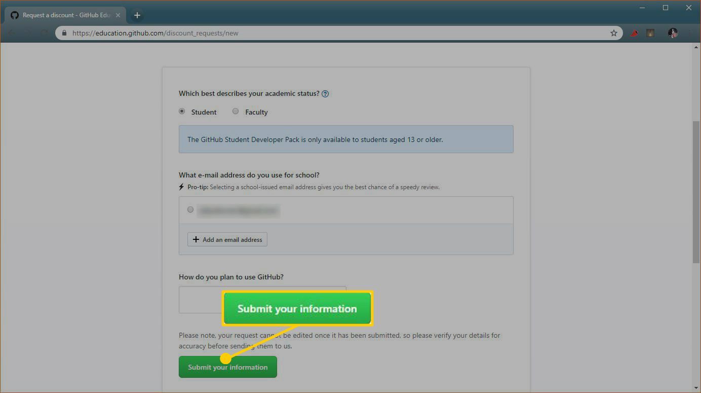Снимок экрана формы запроса пособия для студентов GitHub.