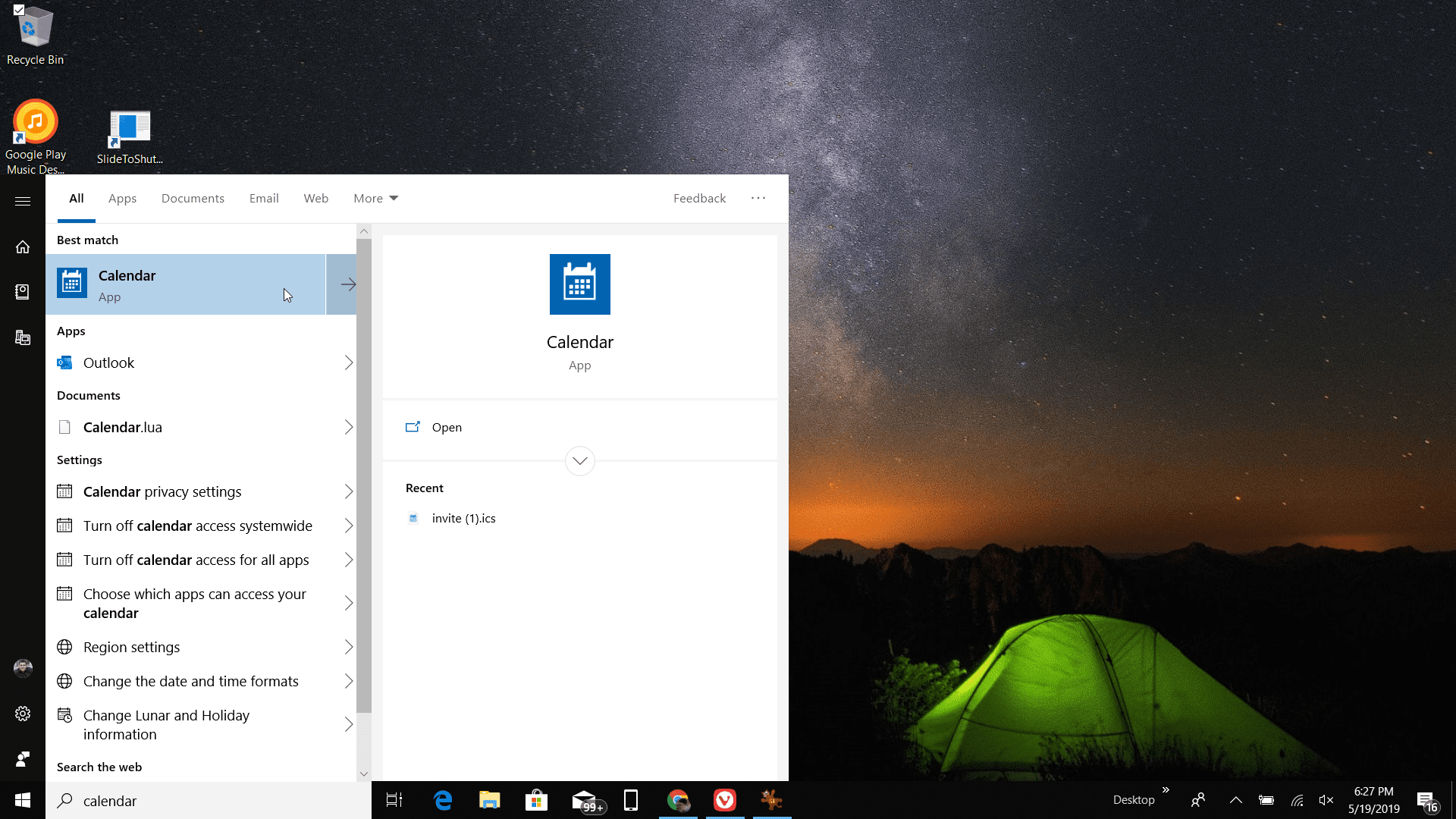 Снимок экрана с открытием приложения Календарь Windows