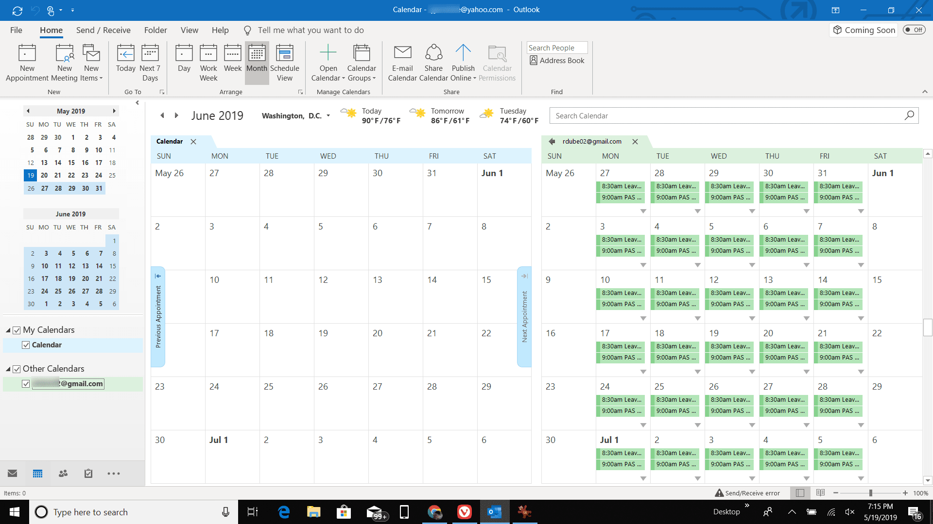 Снимок экрана календаря Outlook, синхронизированного с Календарем Google