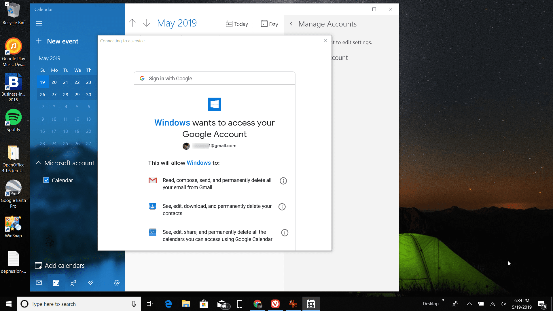 Снимок экрана разрешения Windows для доступа к учетной записи Google