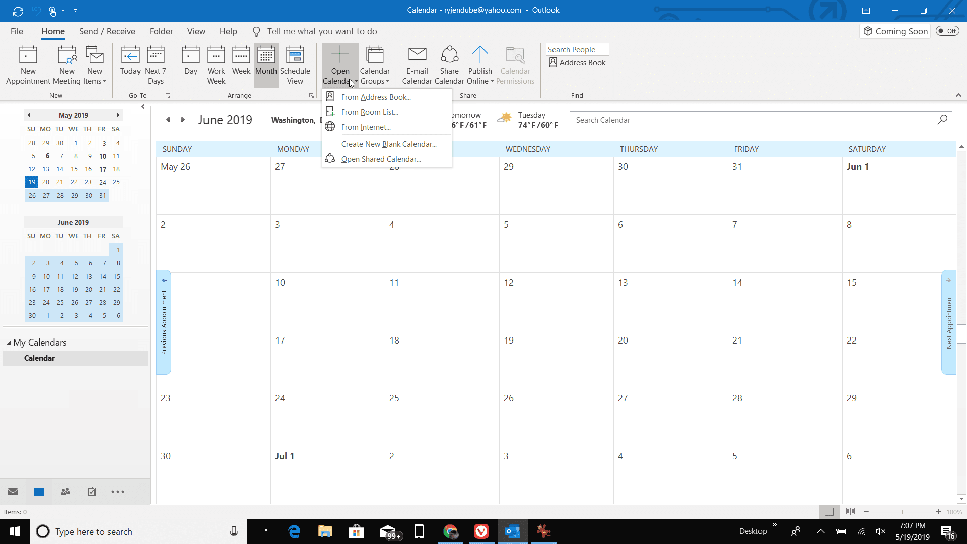 Снимок экрана доступа к Интернет-календарям из календаря Outlook