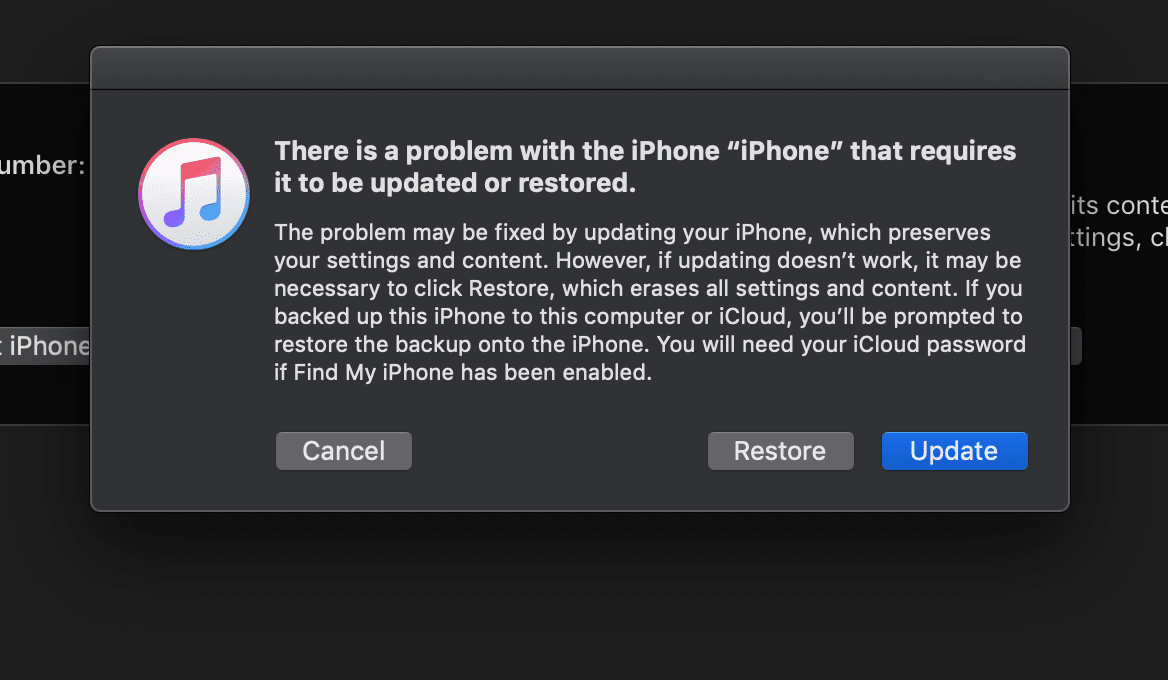 Снимок экрана с сообщением iTunes об обновлении или восстановлении iPhone