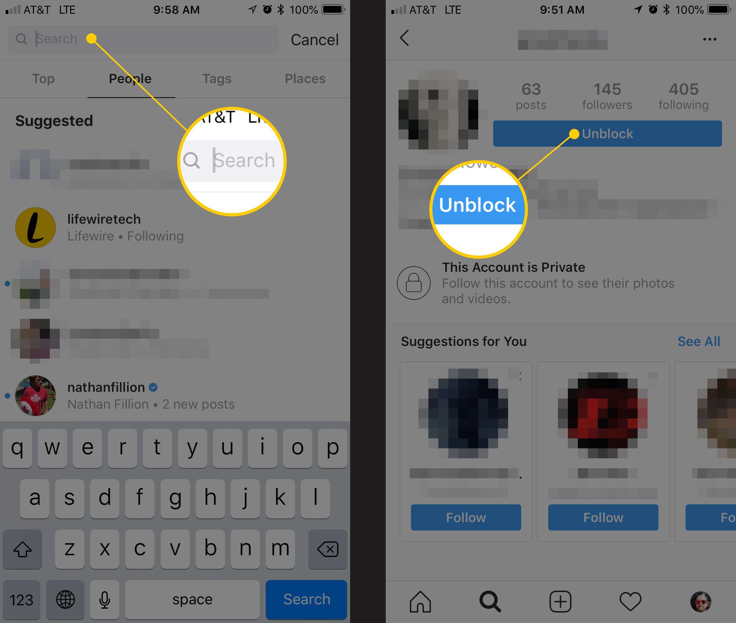 Снимки экрана интерфейса поиска и разблокировки в Instagram для iOS