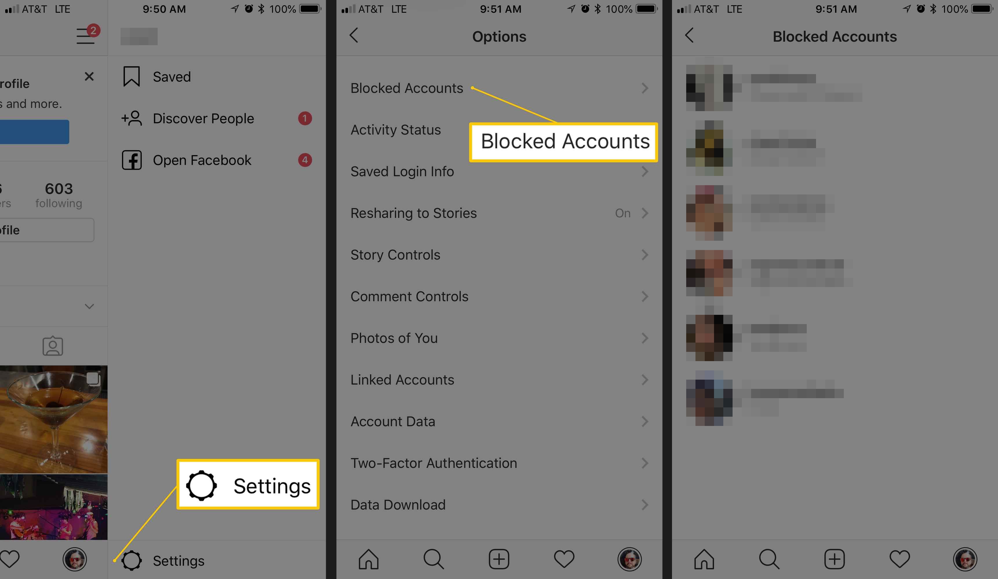 Снимок экрана интерфейса заблокированных учетных записей в Instagram для iOS
