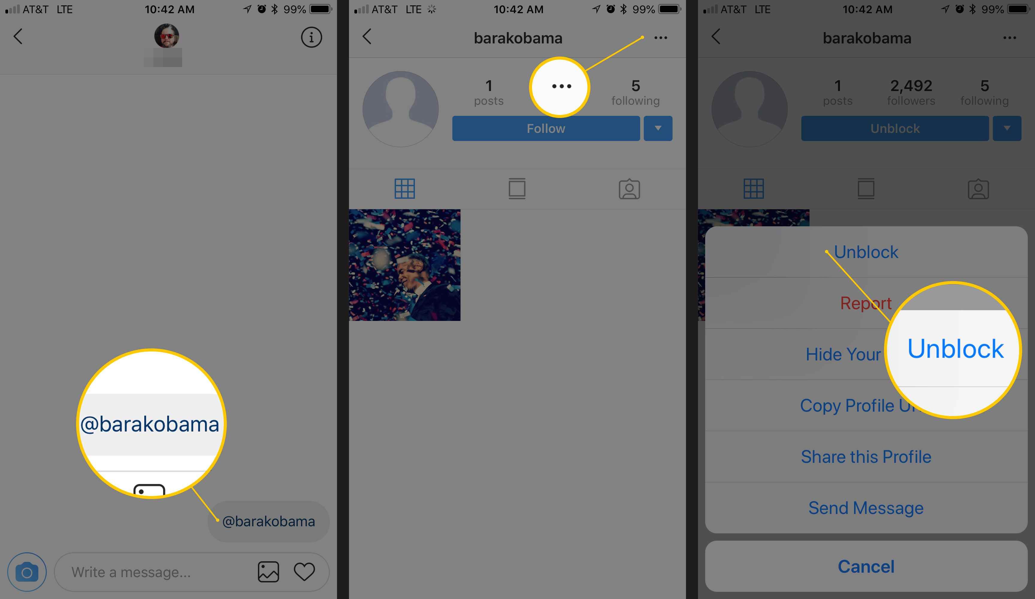 Скриншоты Instagram на iOS, показывающие прямые сообщения, кнопки профиля пользователя и инструмент разблокировки
