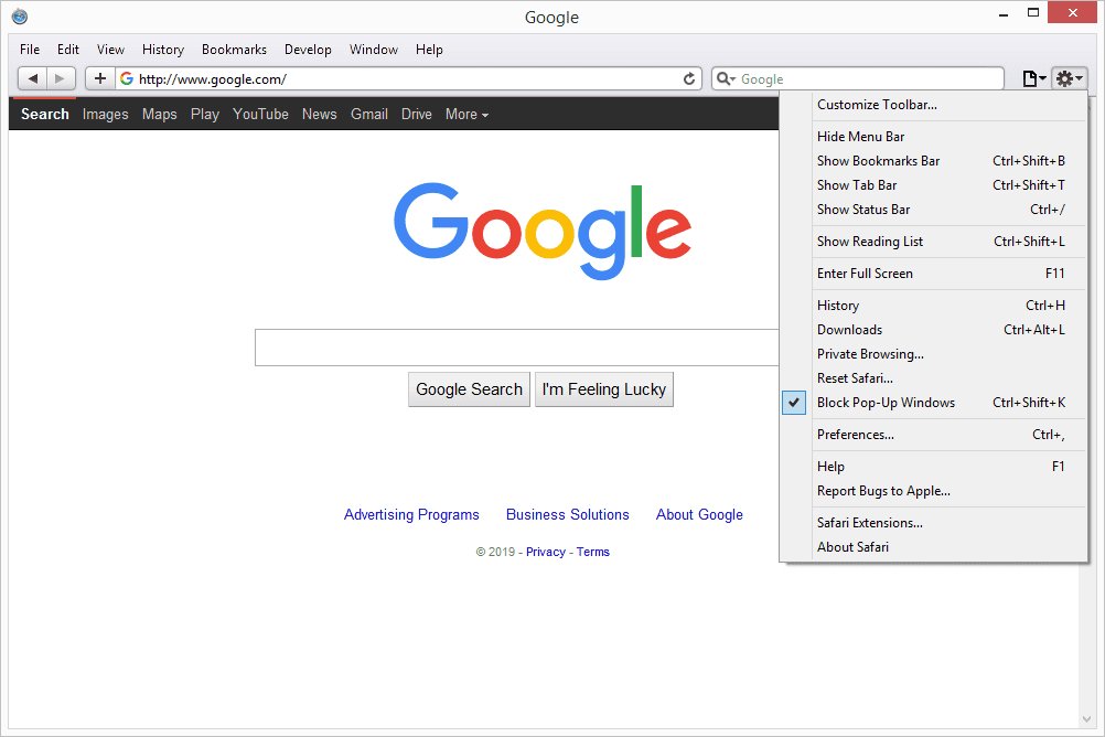 Параметры меню Safari в Windows