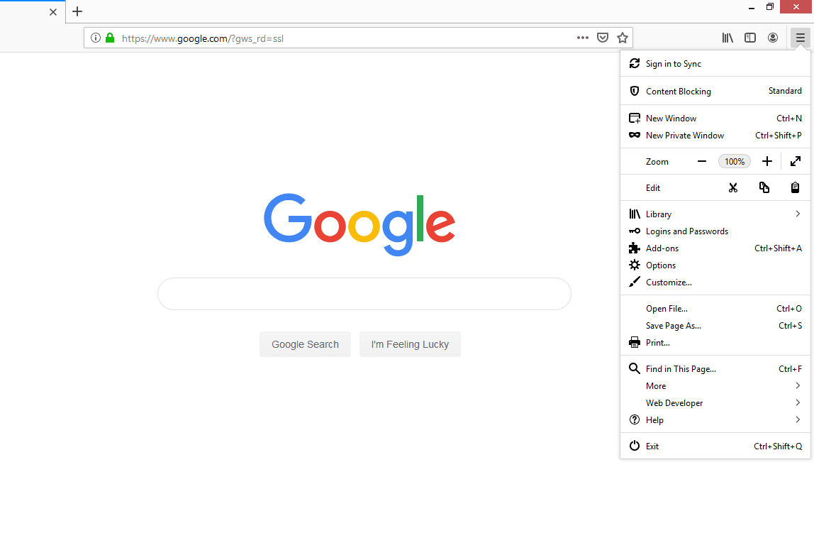 Опции меню Firefox