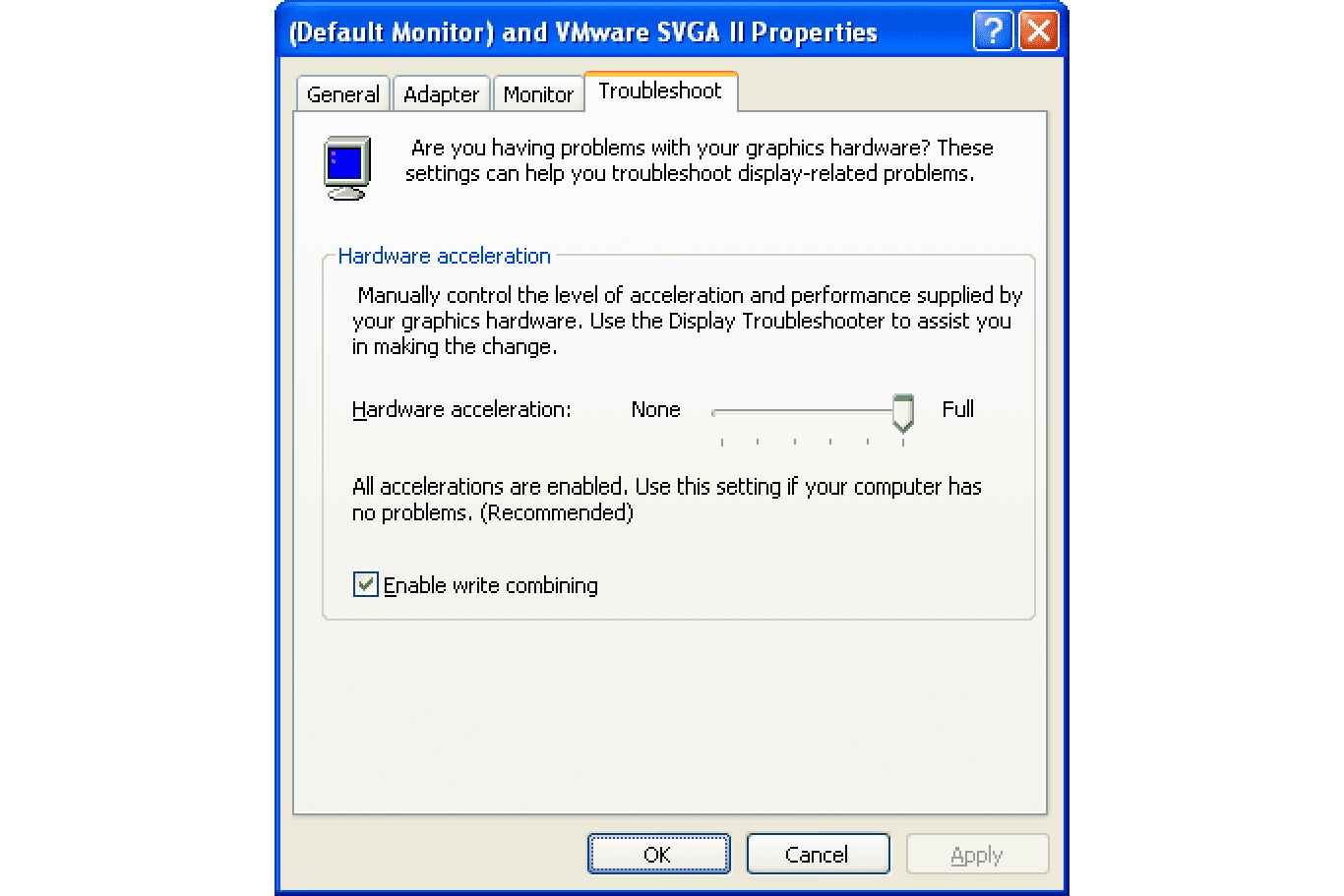 Снимок экрана настроек аппаратного ускорения Windows XP