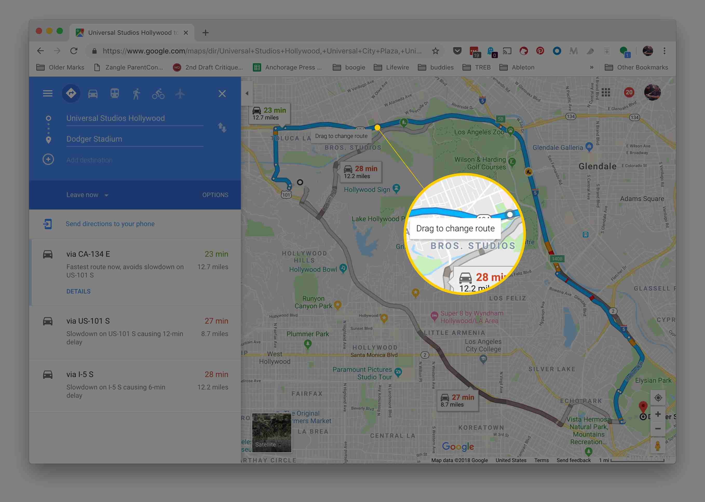 Перетащите, чтобы изменить всплывающую заметку о маршруте в Картах Google в браузере MacOS Chrome