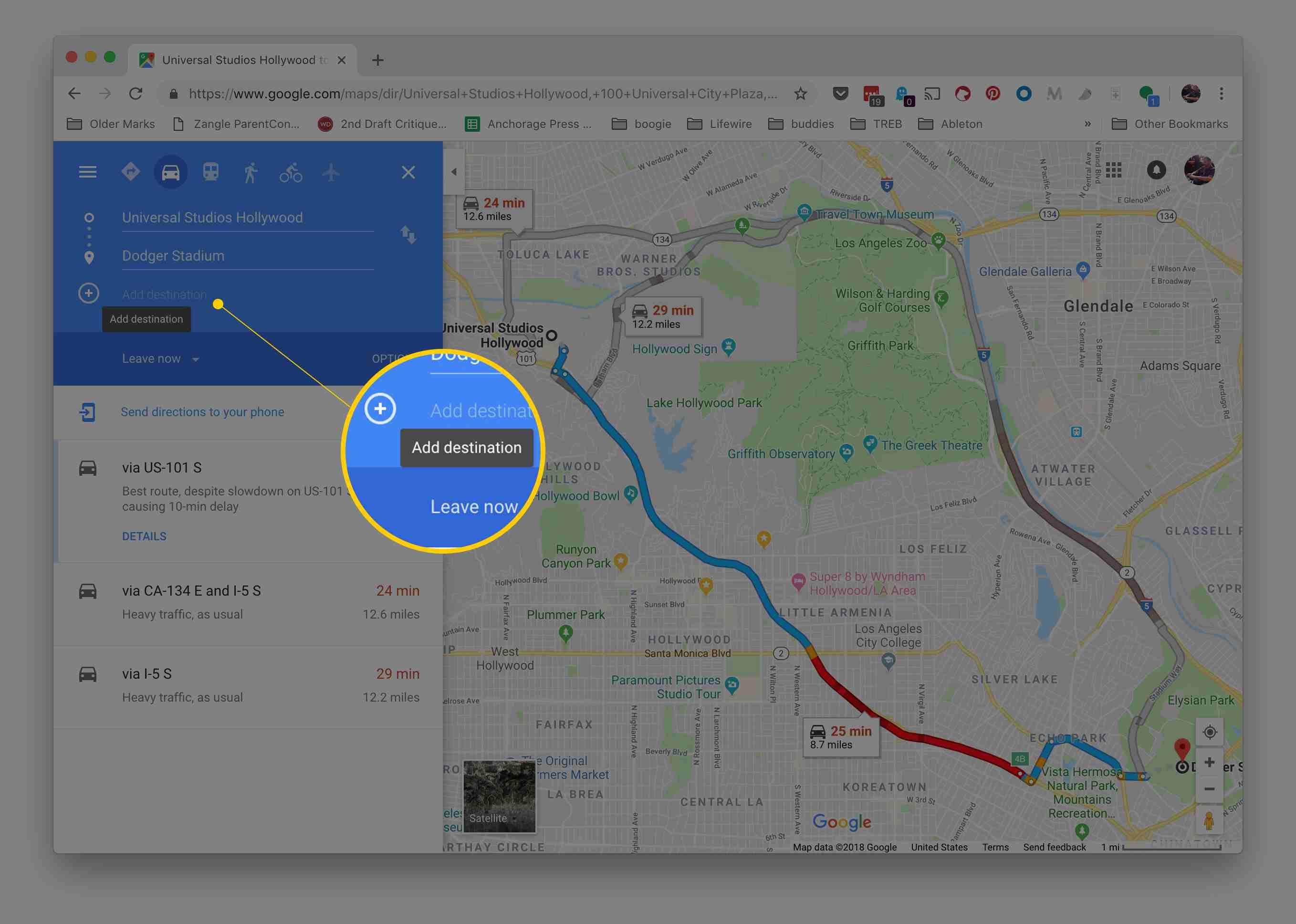 Добавить пункт назначения в Google Maps через Chrome на macOS