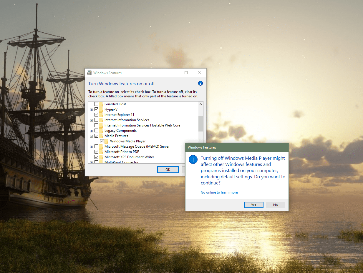 Удаление проигрывателя Windows Media с помощью служебной программы Windows.