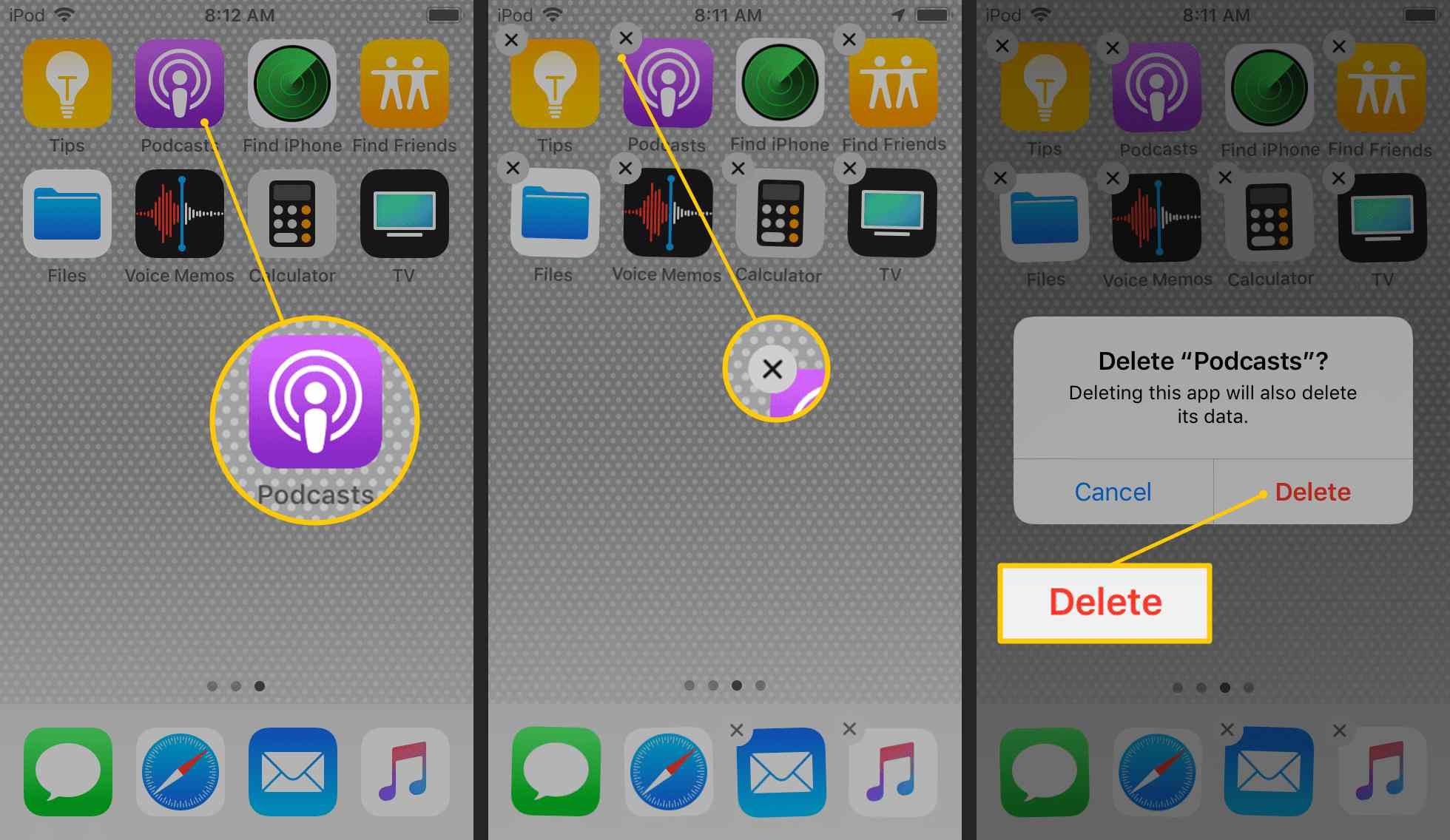 Значок подкастов, х в углу значка приложения, кнопка «Удалить» в iOS