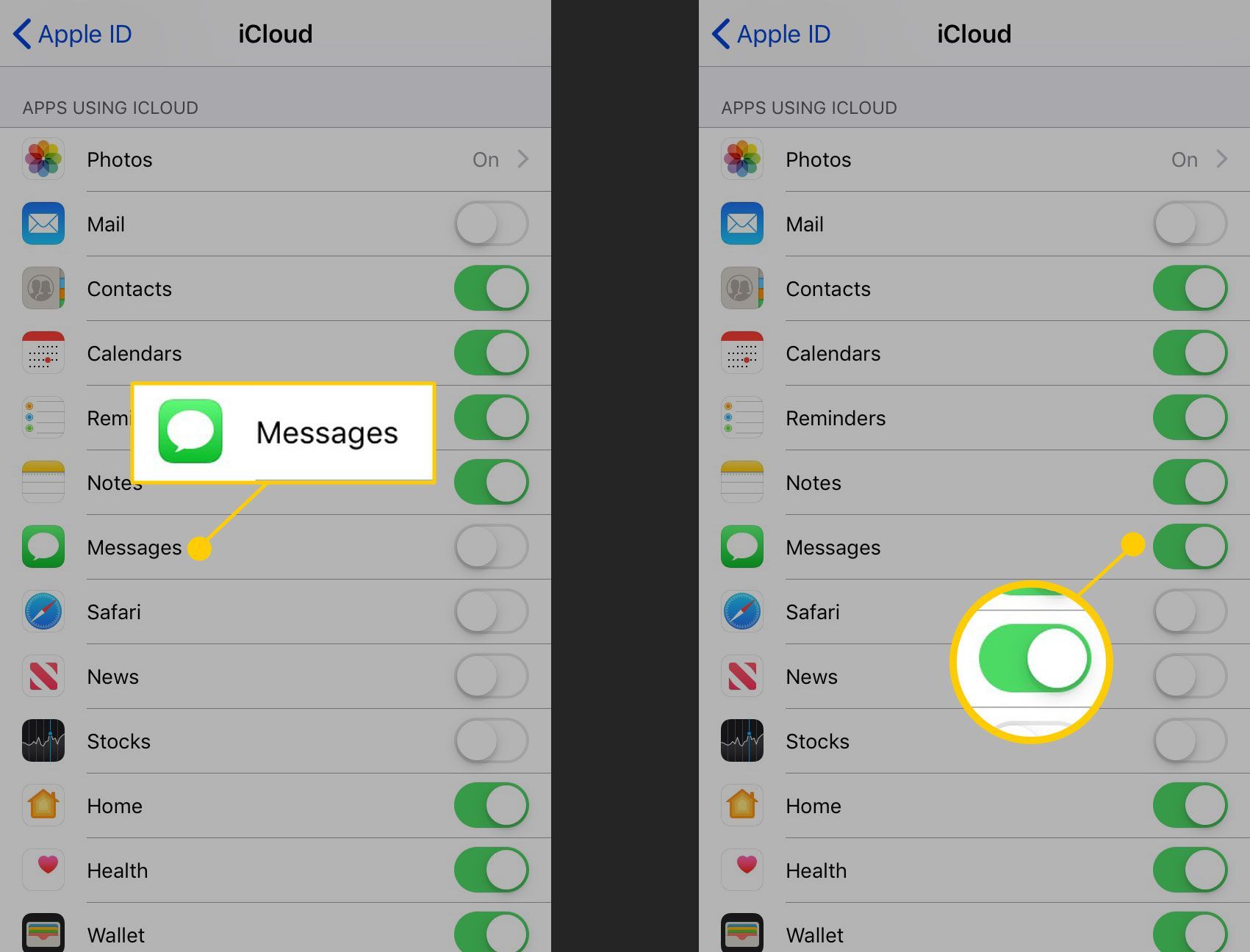 снимок экрана - Переключение сообщений в настройках iCloud на iPhone