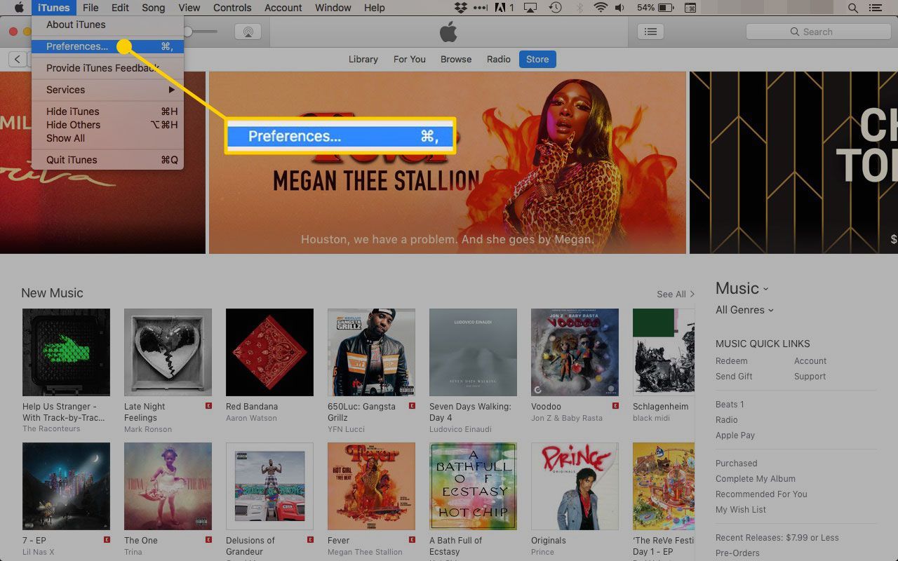 Меню настроек в iTunes - скриншот