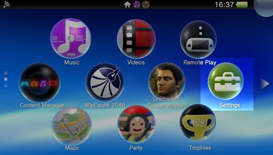 Начальный экран PlayStation Vita с выделенными настройками