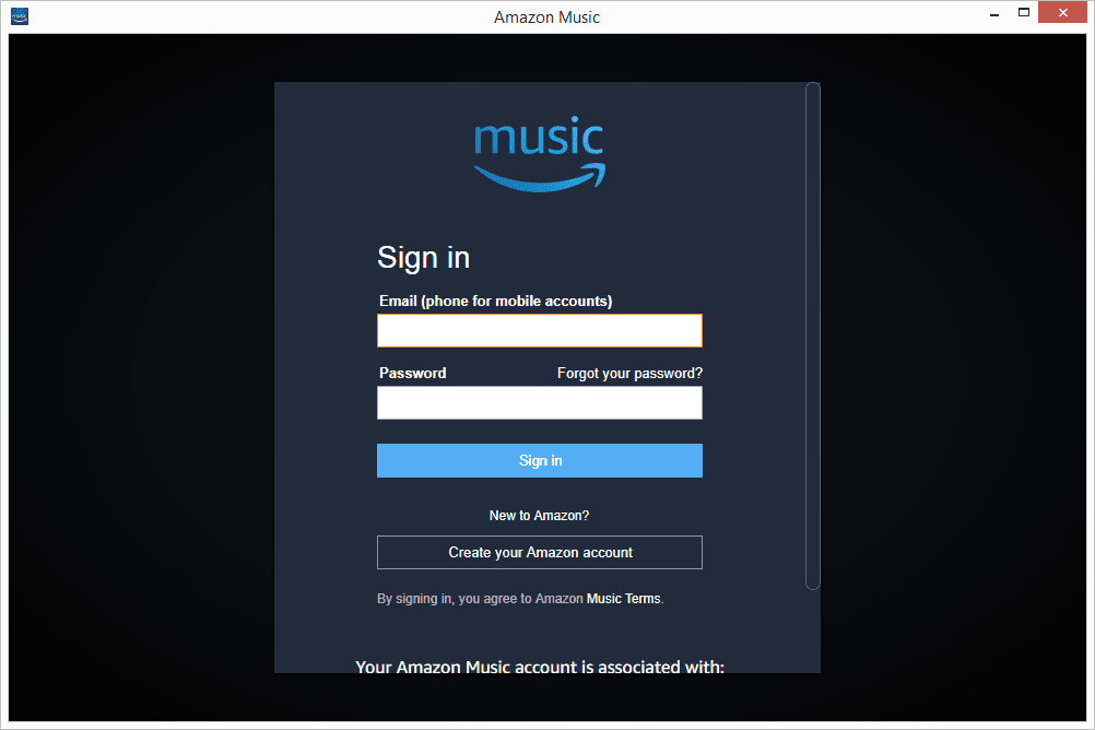 Снимок экрана программы Amazon Music для входа на страницу