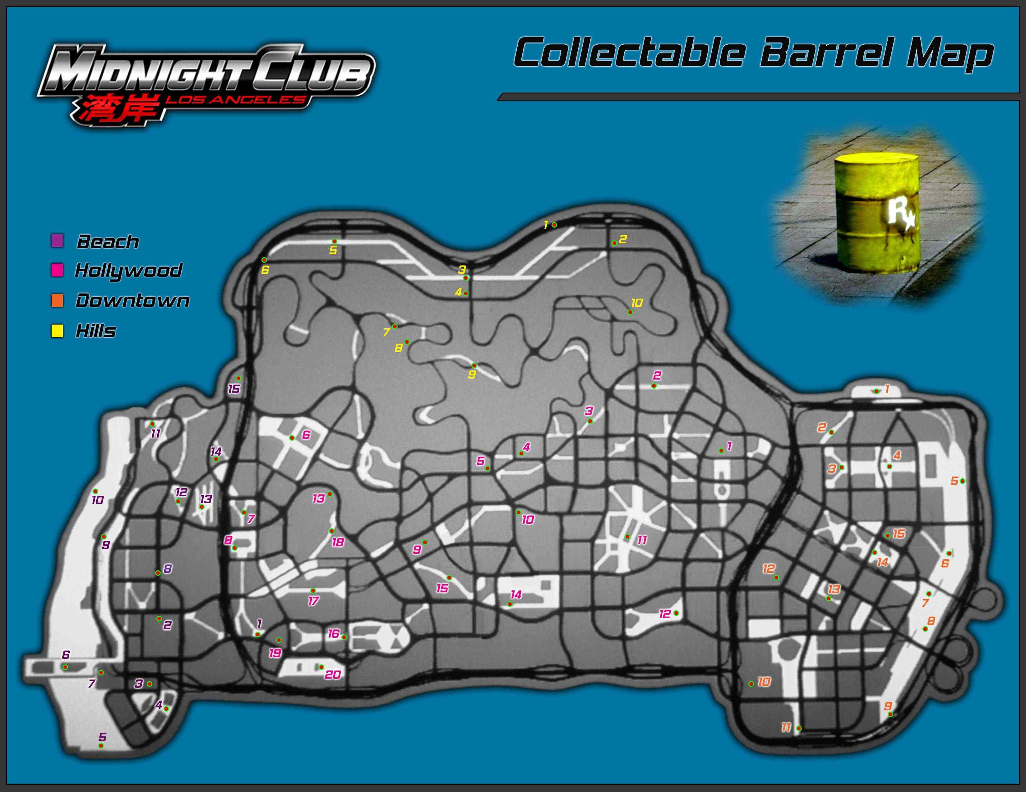 Используйте карту, чтобы найти каждую скрытую бочку Rockstar в Midnight Club: Los Angeles для Xbox 360.