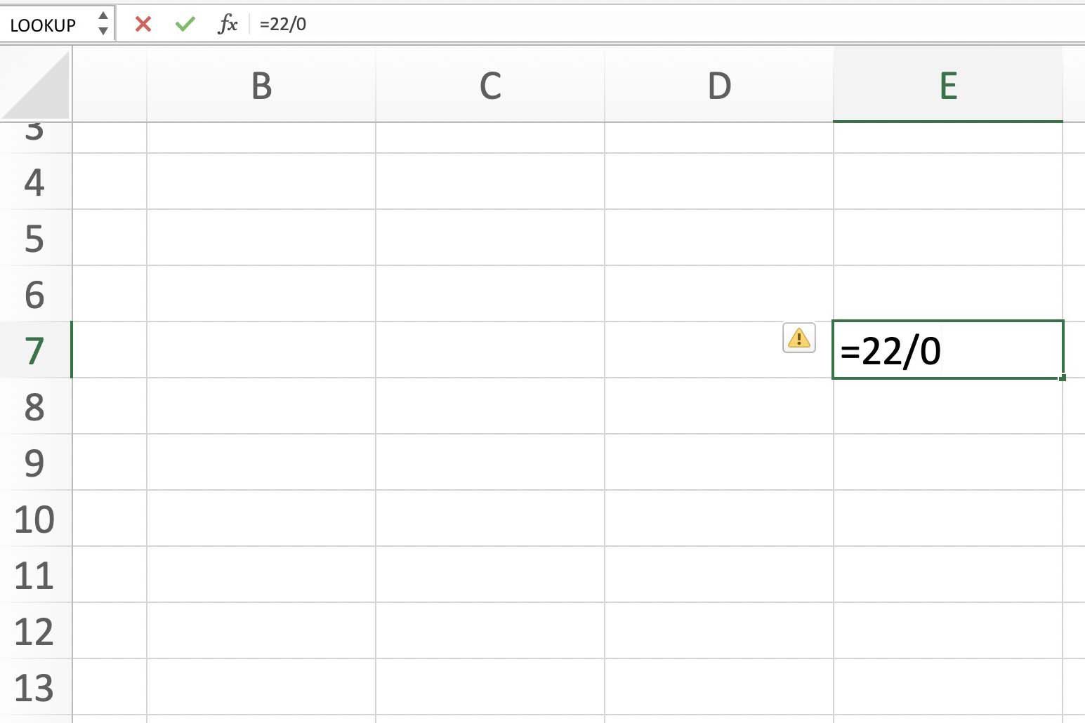 Снимок экрана Excel, показывающий ошибку DIV