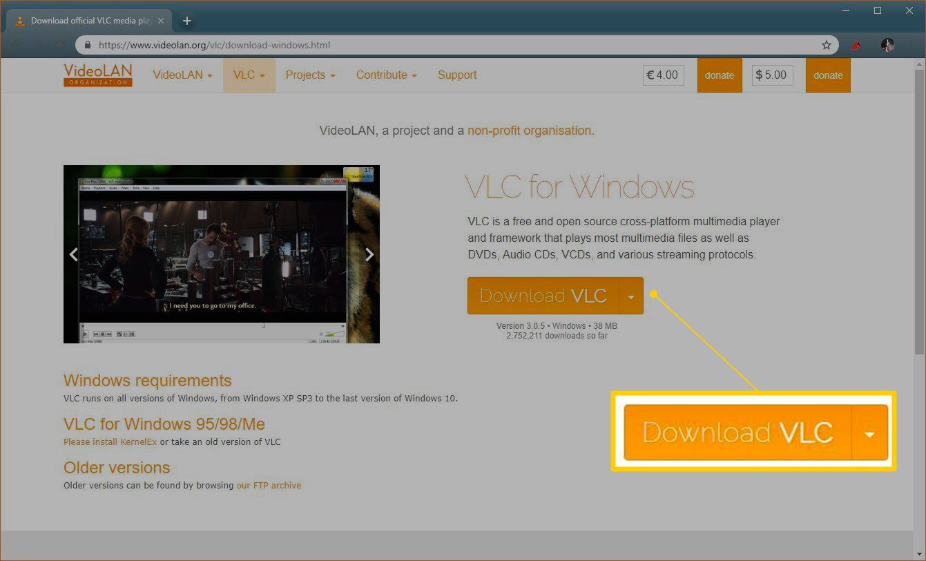 Скачать кнопку VLC на веб-странице VideoLAN