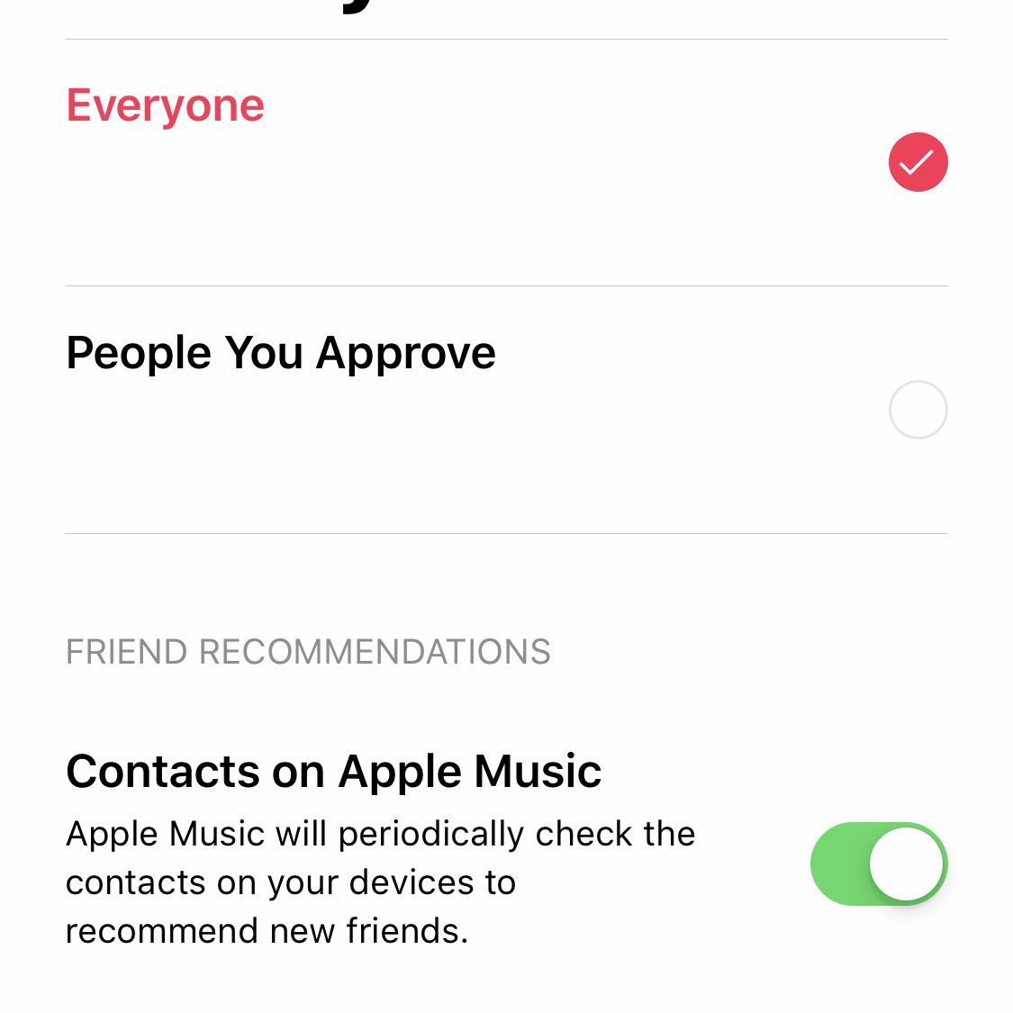 Снимок экрана параметров общего профиля в Apple Music на iPhone