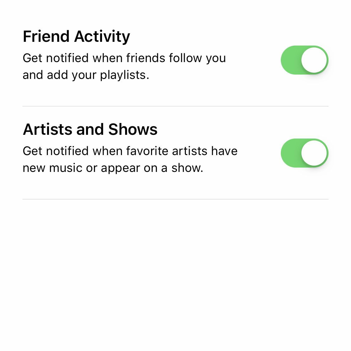 Снимок экрана параметров уведомлений профиля в Apple Music на iPhone