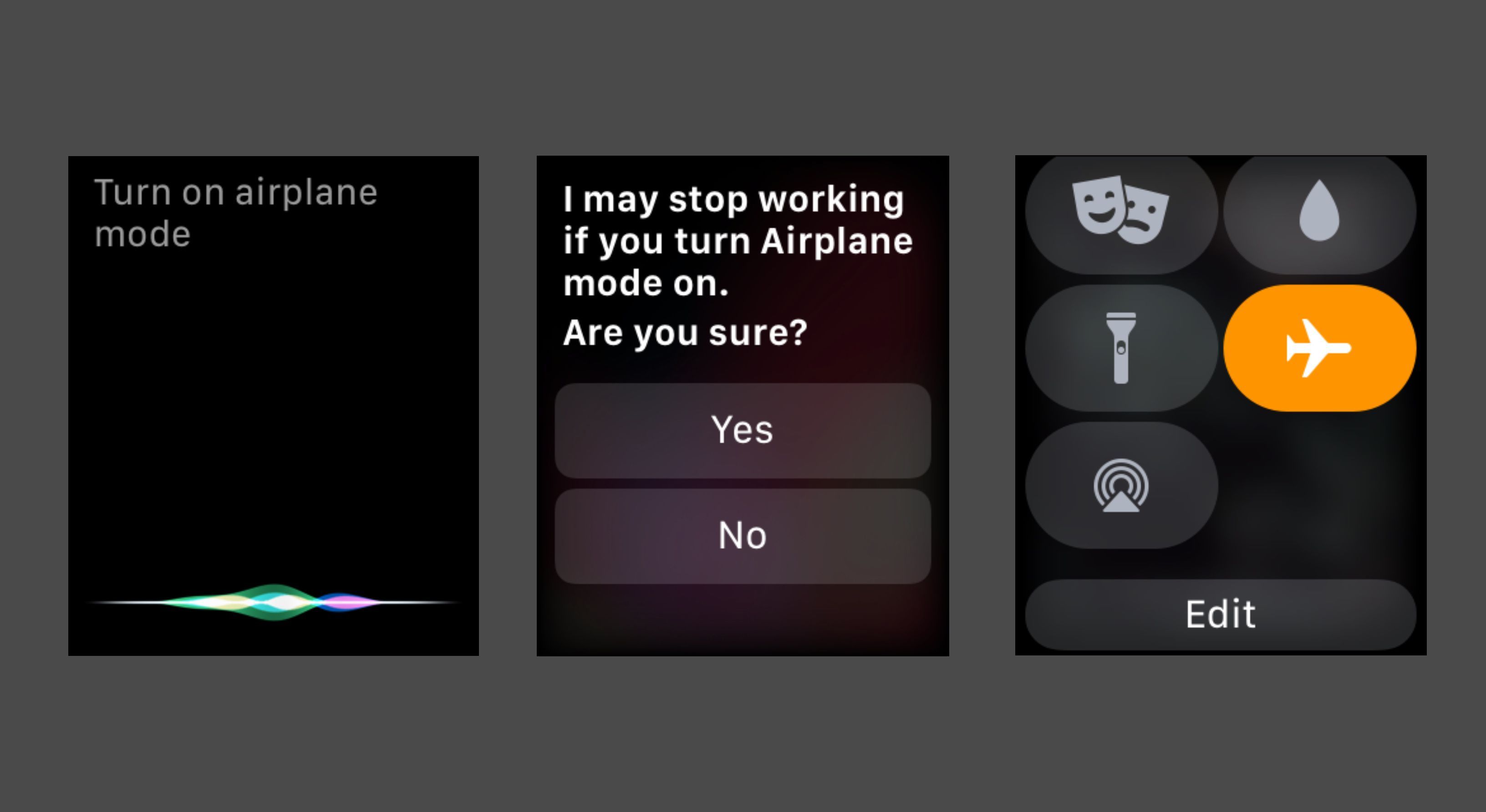 Включение режима полета при использовании Siri на Apple Watch