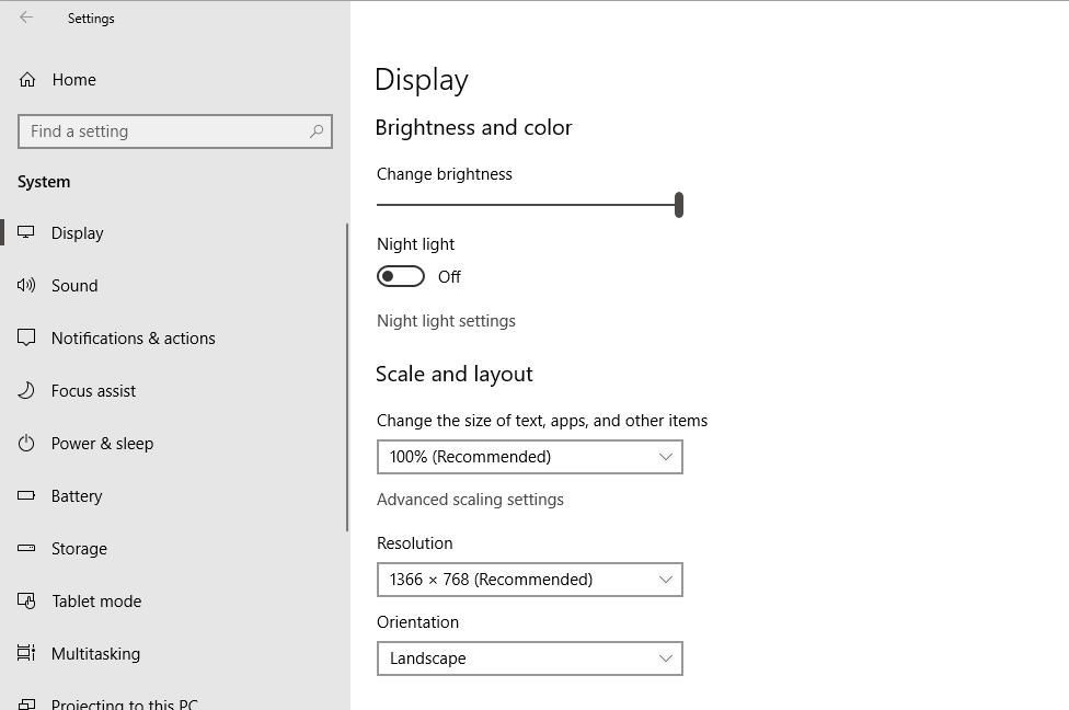 снимок экрана настроек Windows Display