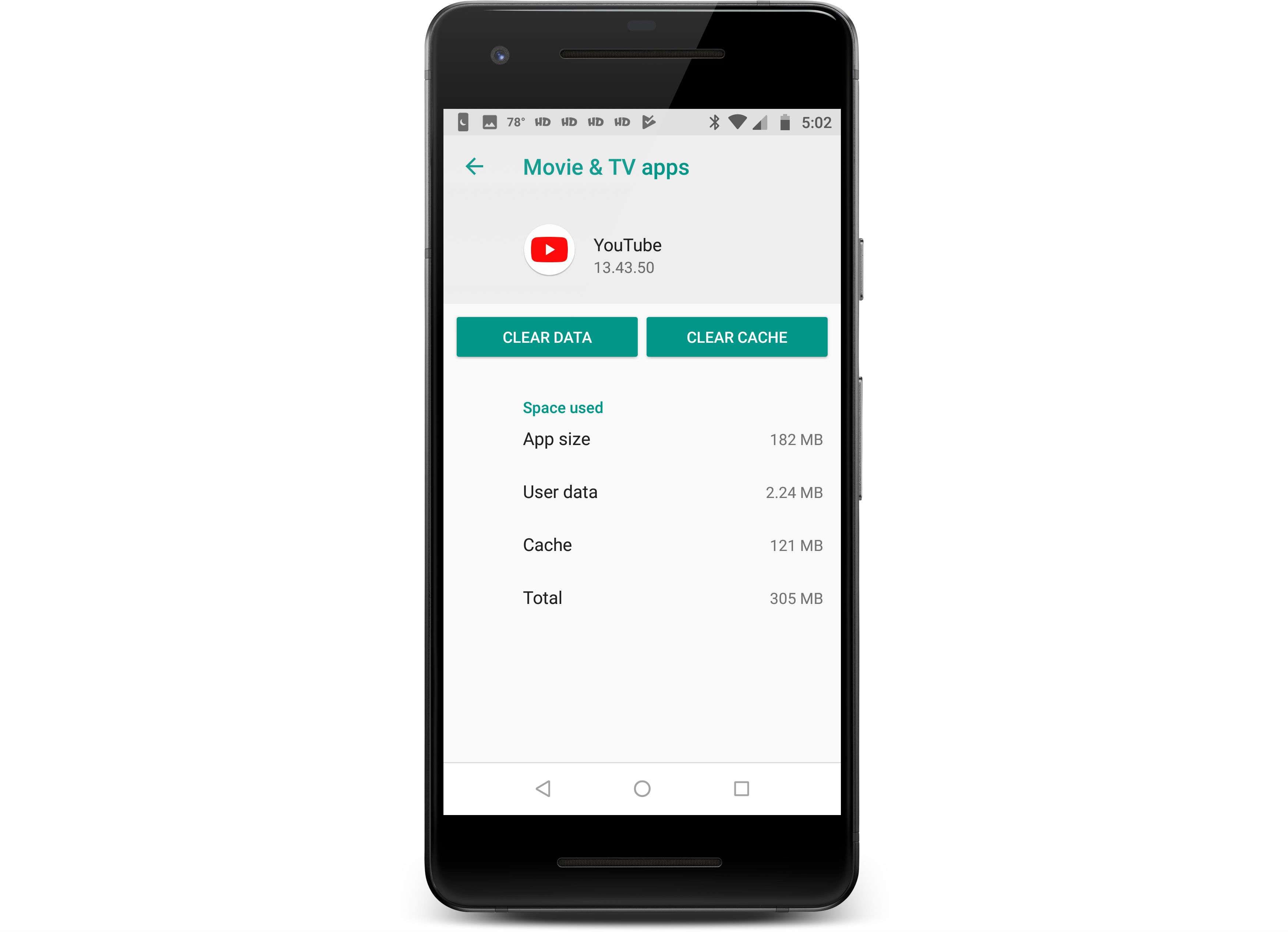 Телефон Android с экраном управления данными и кешем для YouTube.
