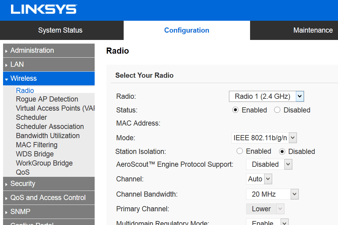 Скриншот настроек радио в роутере Linksys
