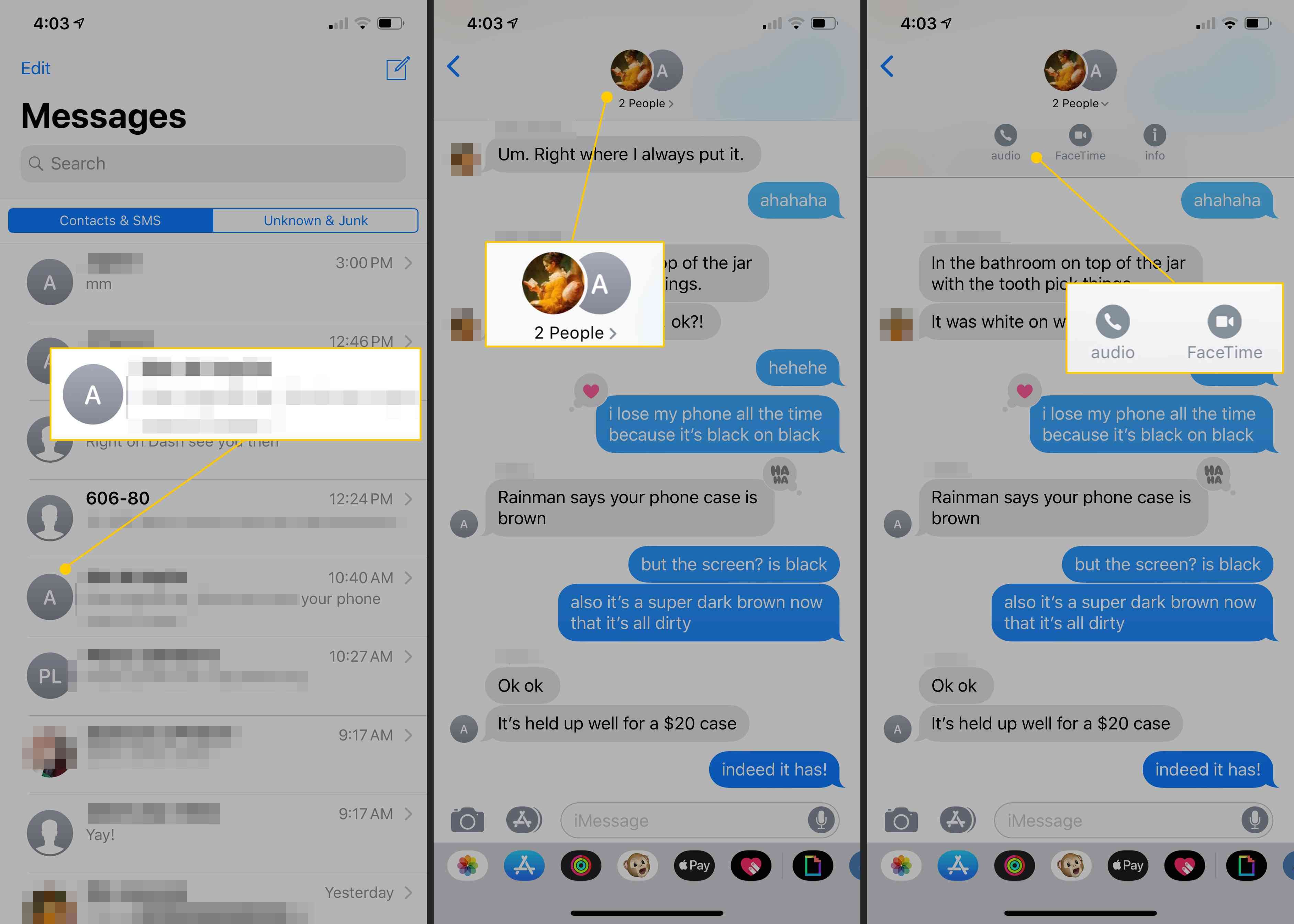 Сообщение группы, значки участников, аудио или опции FaceTime в iOS