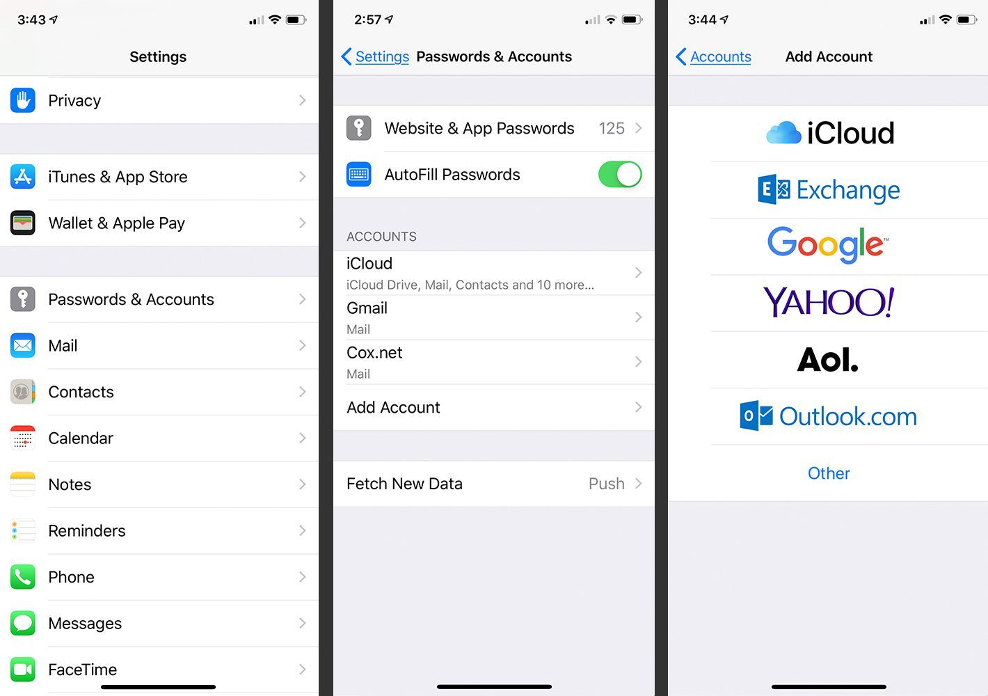 iPhone экраны для настройки учетной записи Yahoo Mail