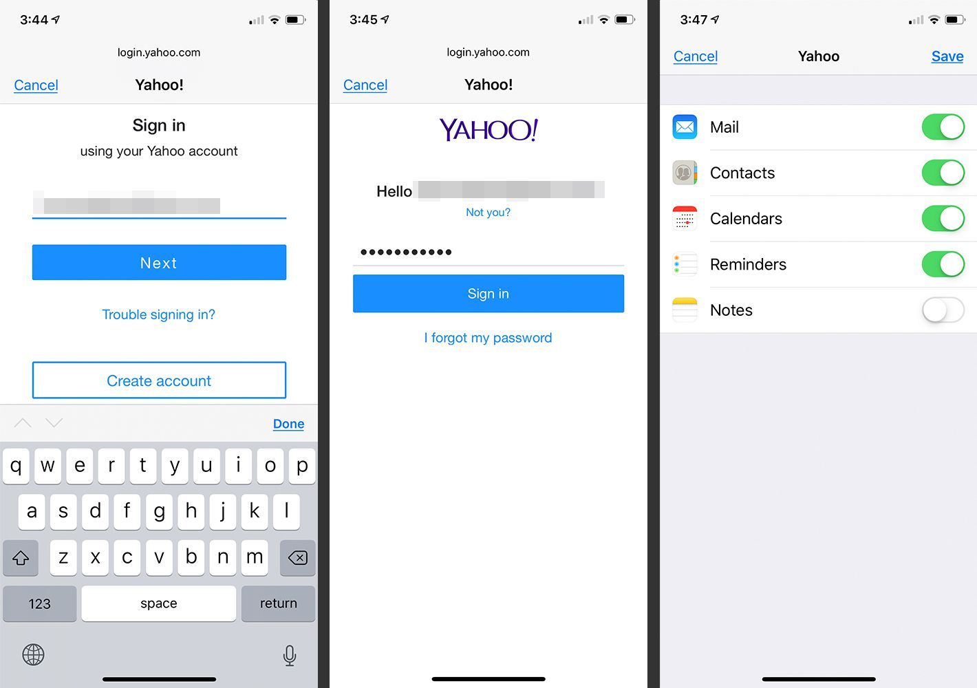 Ввод данных для входа в Yahoo на iPhone