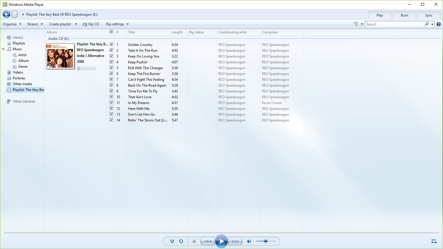 Скриншот компакт-диска в проигрывателе Windows Media