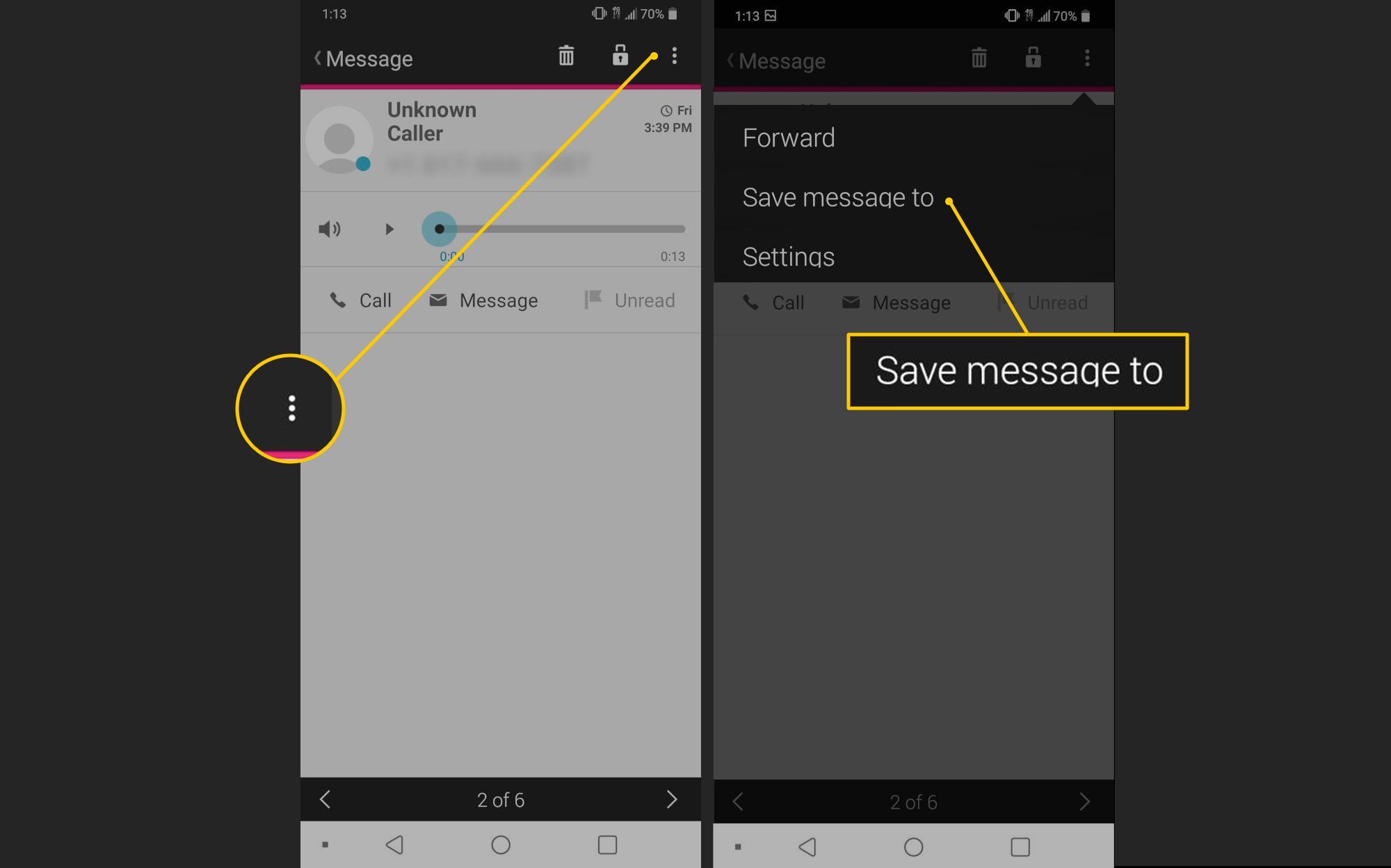 Трехточечное меню, Сохранить сообщение в меню на Android