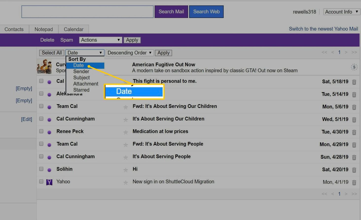Сортировать по: дате меню в Yahoo Mail