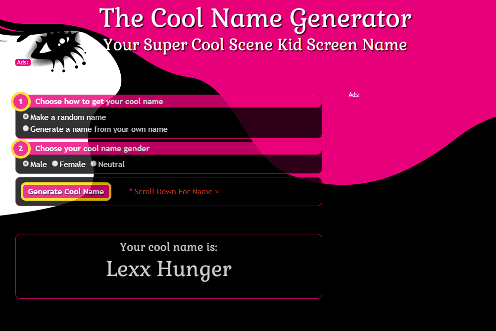 Снимок экрана с сайтом Cool Name Generator