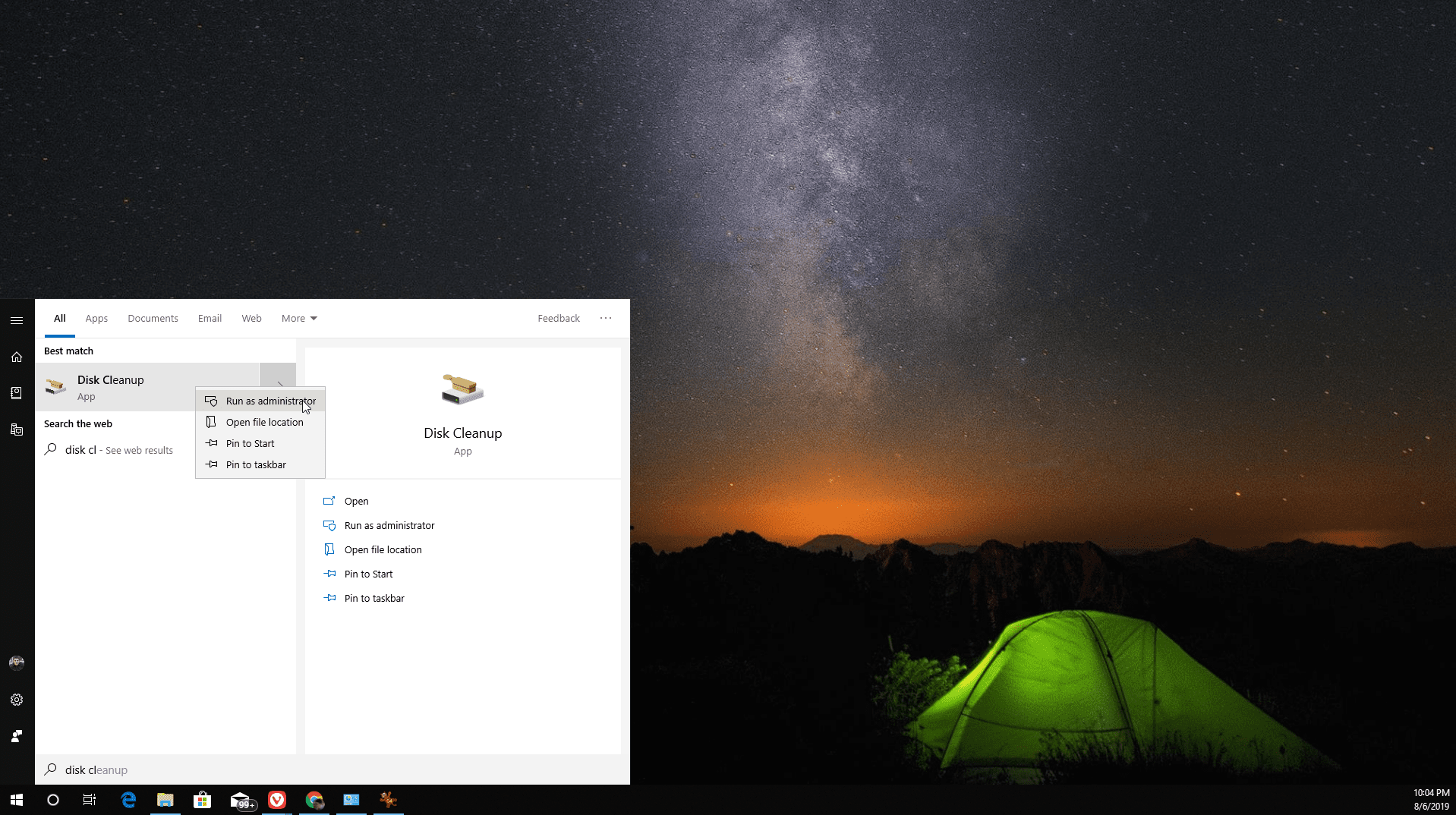 Снимок экрана запуска утилиты очистки диска в Windows