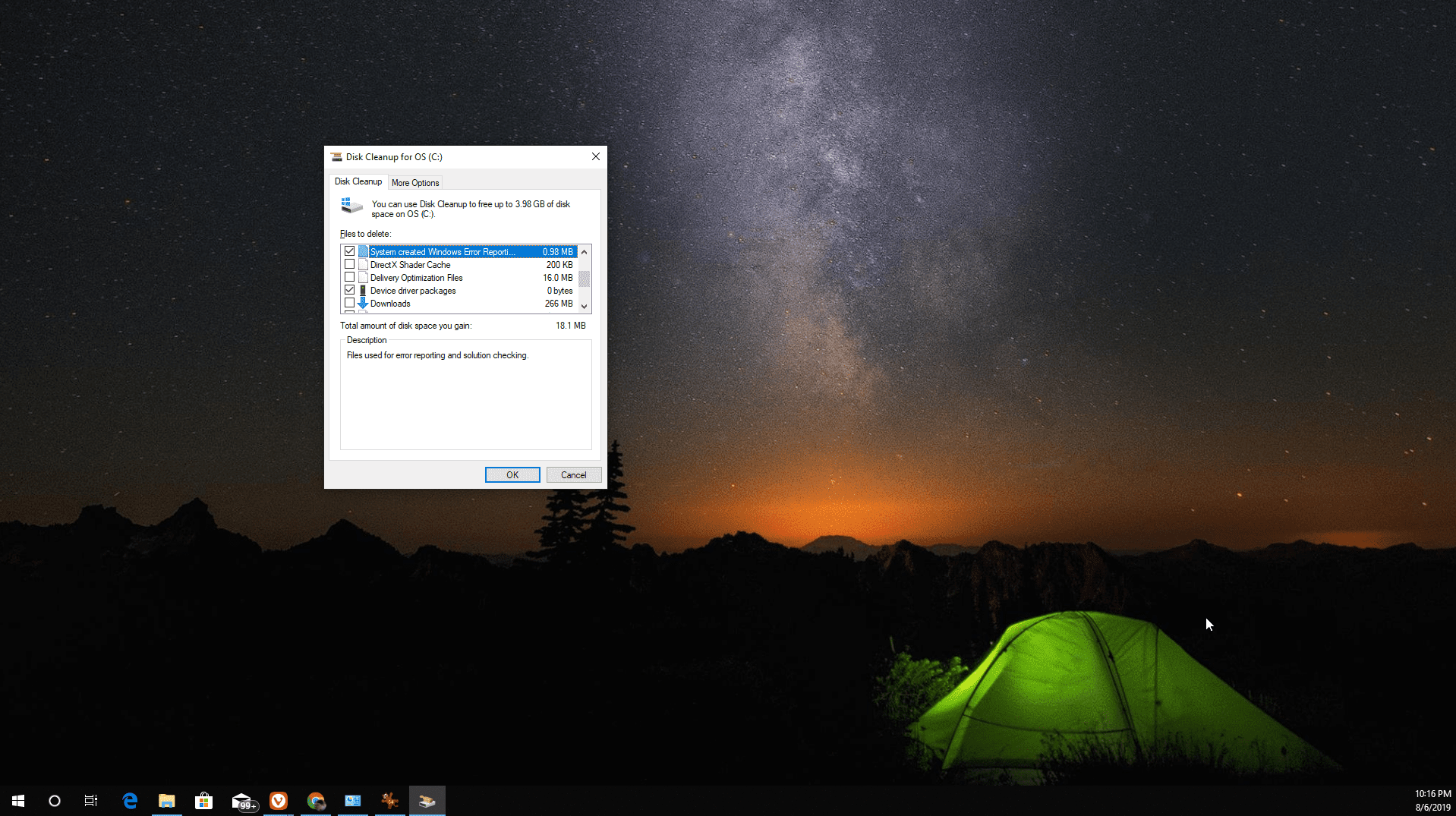 Снимок экрана использования Disk Cleanup для очистки файла дампа памяти