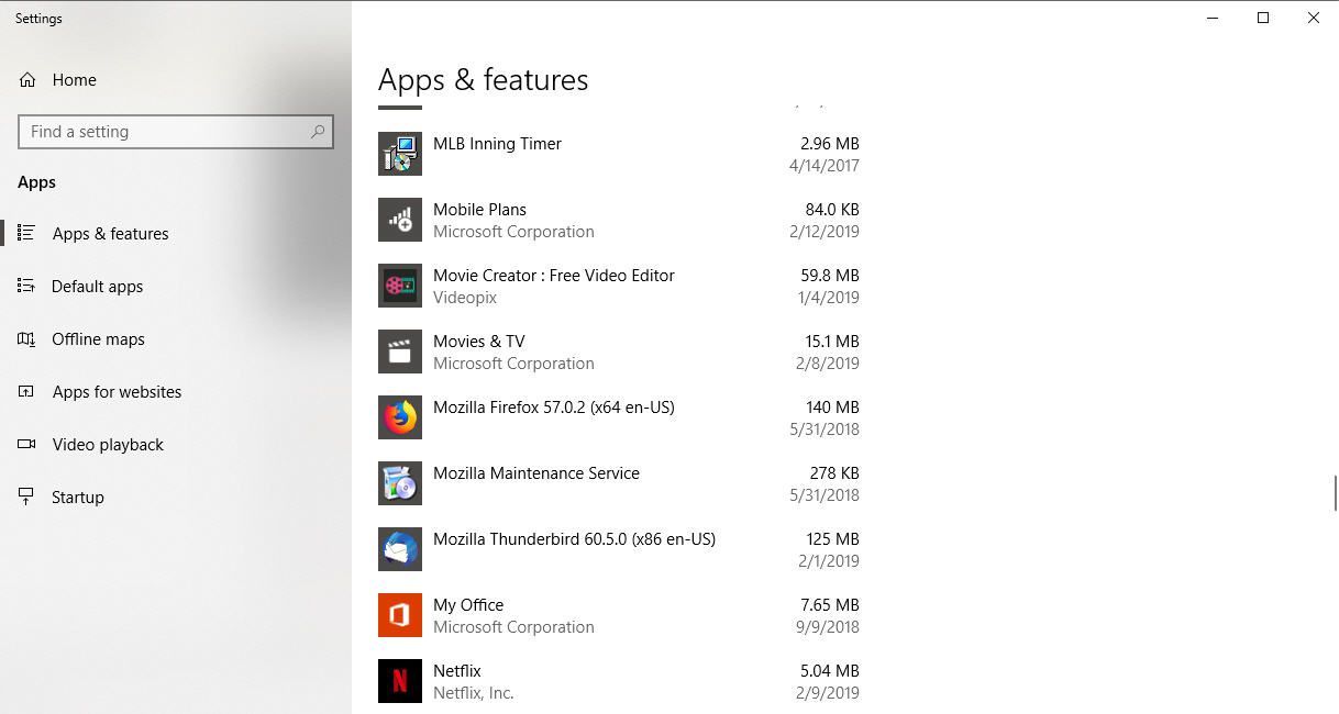 Снимок экрана настроек приложений и функций в Windows 10
