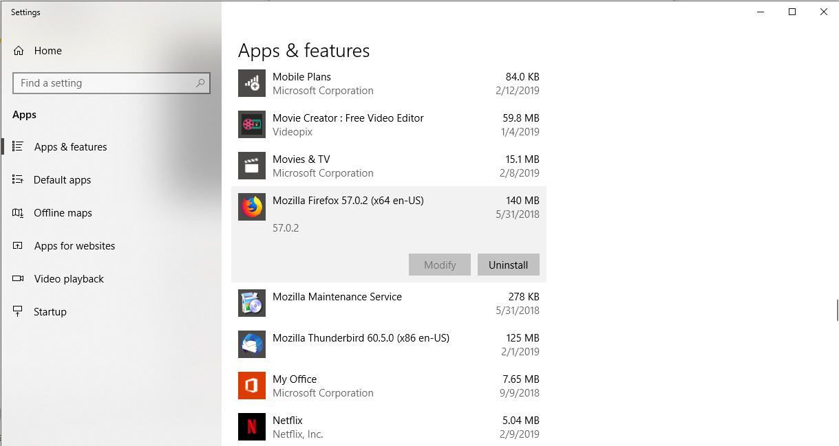 Снимок экрана настроек приложений и функций в Windows 10