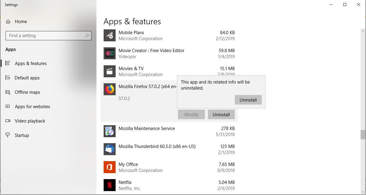 Снимок экрана процесса удаления приложения в Windows 10