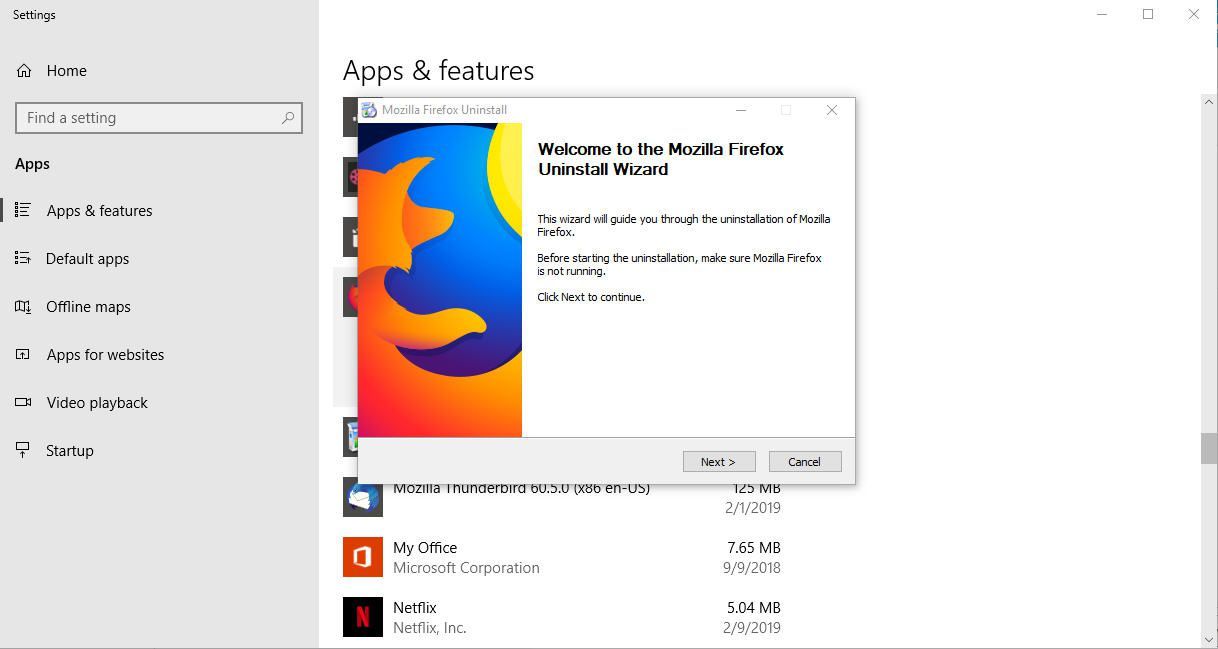 Снимок экрана первого экрана мастера удаления Firefox