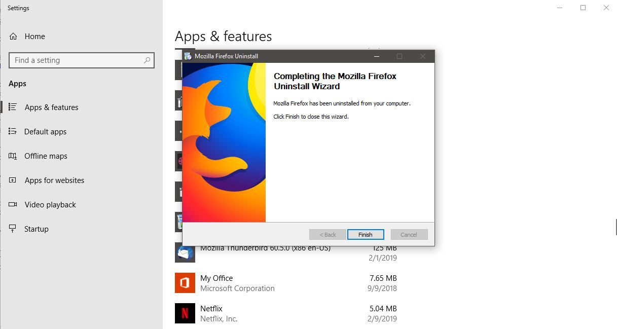 Снимок экрана подтверждения в мастере удаления Firefox