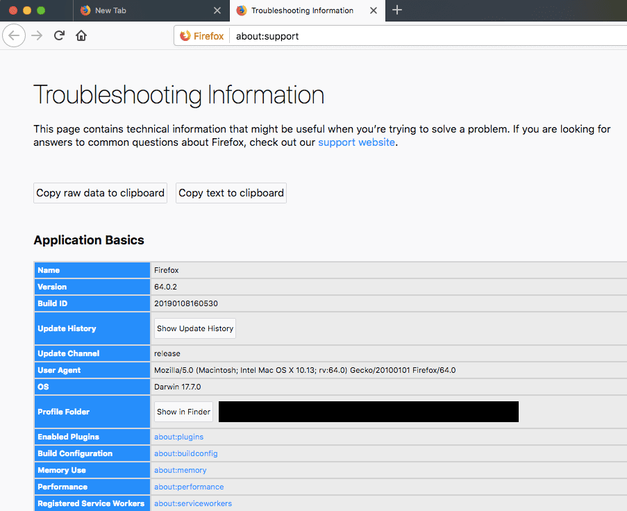 Снимок экрана страницы информации об устранении неполадок Firefox в macOS
